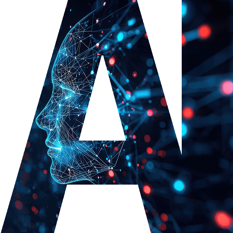graphic element AI letters with digital face and data streams embedded into it